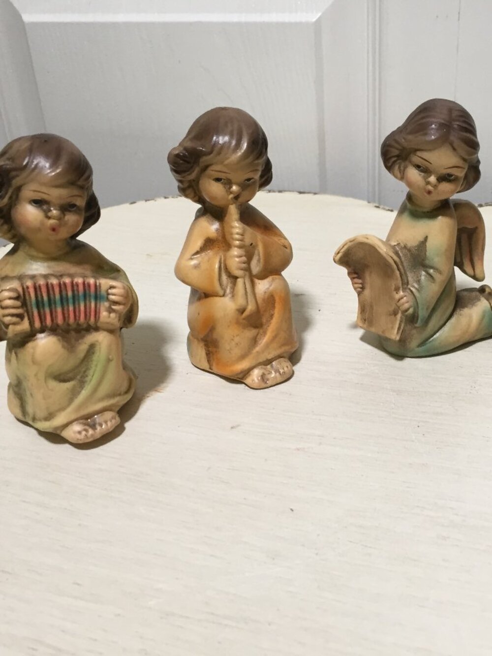 VTG 4 Ceramic Christmas Angel Figures Japan Playing Instruments 4"